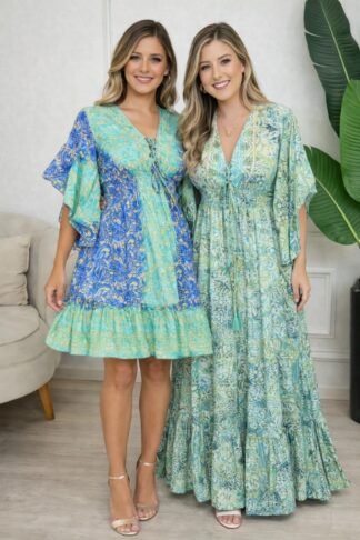 2706 Vestido indiano boho chic manga curta flarê ajuste no decote