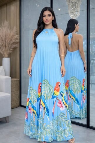 2812 Vestido Heily longo frente única costa nua plissado estampado