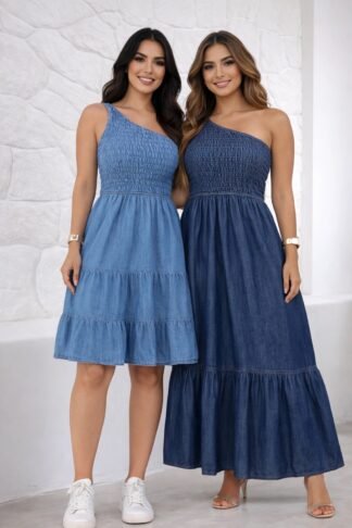 2039 Vestido Gata regata mula manca lastex jeans longo curto