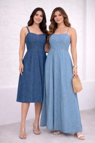 2040 Vestido Gata regata alça jeans longo curto