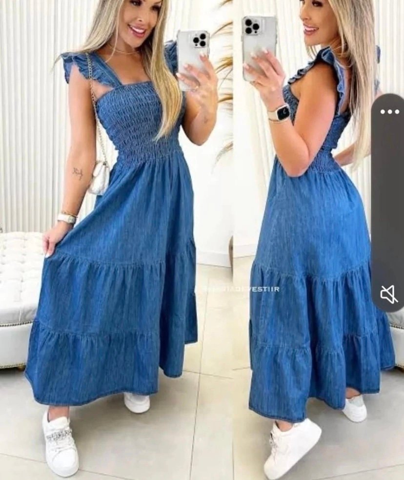 2077 Vestido gata curto longo jeans busto lastex alça babado - Imagem 2