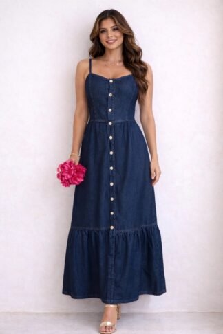 2079 Vestido Gata longo botão jeans