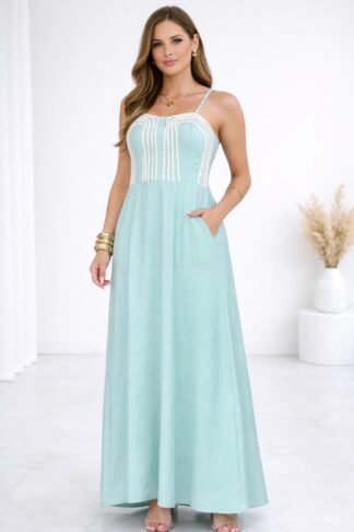 2953 Vestido Eveli longo alça fina com bolso búzios detalhes corda alfaiataria