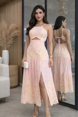 2965 Vestido Emily midi frente única com fenda bordado