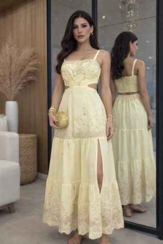 2965 Vestido Emily longo alça fina fenda bordado