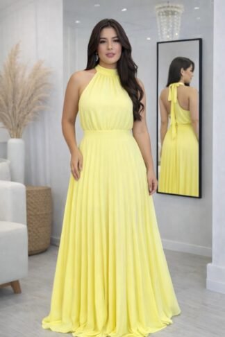 1900 Vestido Denis longo gola alta plissado