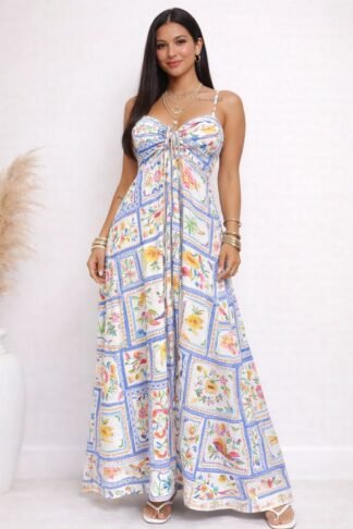 2855 Vestido Cristian longo alça fina regata estilo farm decote regulagem