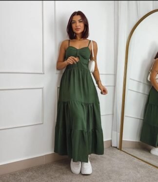 1871 Vestido longo alça fina decote nó liso estampado