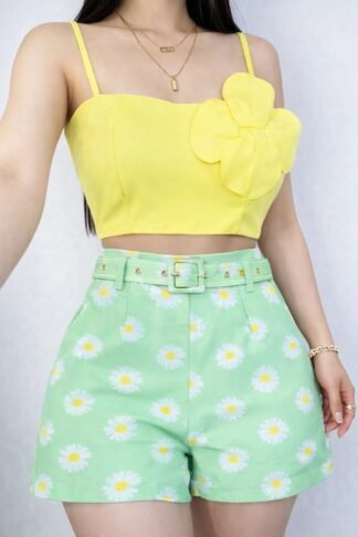 2372 Shorts cinto estampado Margarida alfaiataria