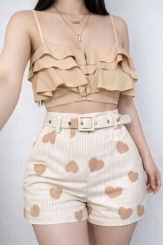 2373 Shorts cinto estampado listrado coração alfaiataria