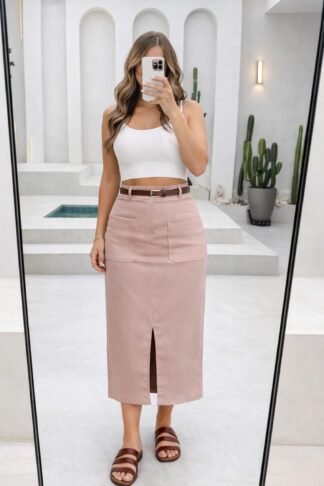 2127 Saia Jean midi fenda bolso frontal