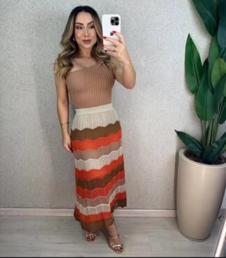 2482 Saia Ale midi boho chic babado rendada tricô