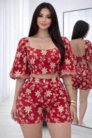 2972 Conjunto Isa cropped manga 3/4 e shorts bordado