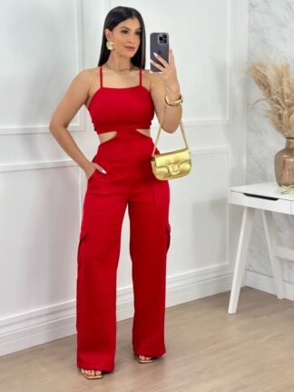 2363 Macacão Ian regata alça fina pantalona bolso cargo alfaiataria