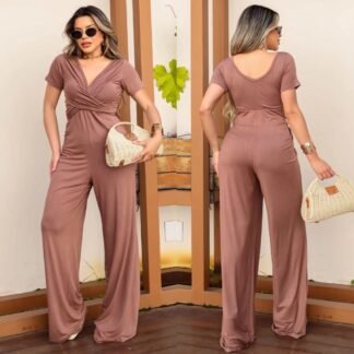 2850 Macacão Cida pantalona manga curta decote transpassado