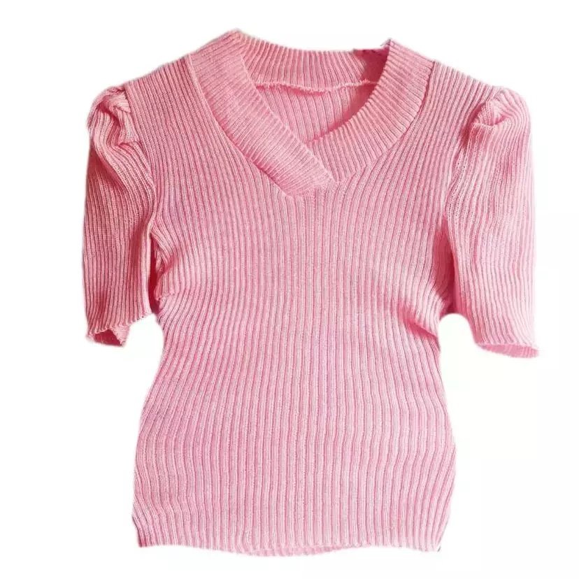 2469 Blusa gola V manga curta princesa tricô - Imagem 4