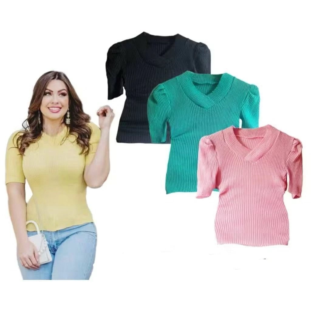 2469 Blusa gola V manga curta princesa tricô - Imagem 2