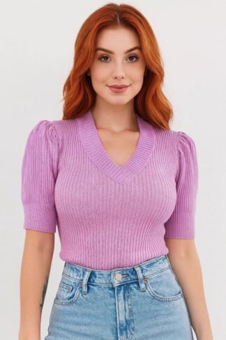 2469  Blusa gola V manga curta princesa tricô