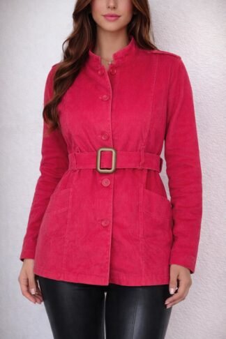1593 Casaco Beli estilo Parka veludo com cinto faixa