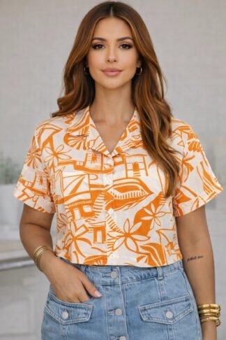 2678 Cropped camisa botão manga curta estilo Farm