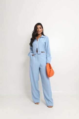 2832 Conjunto Rip eurolook blusa cropped manga longa e calça pantalona alfaiataria