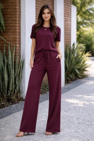 2508 Conjunto Fabi T-shirt manga curta e calça wide leg pantalona moletom