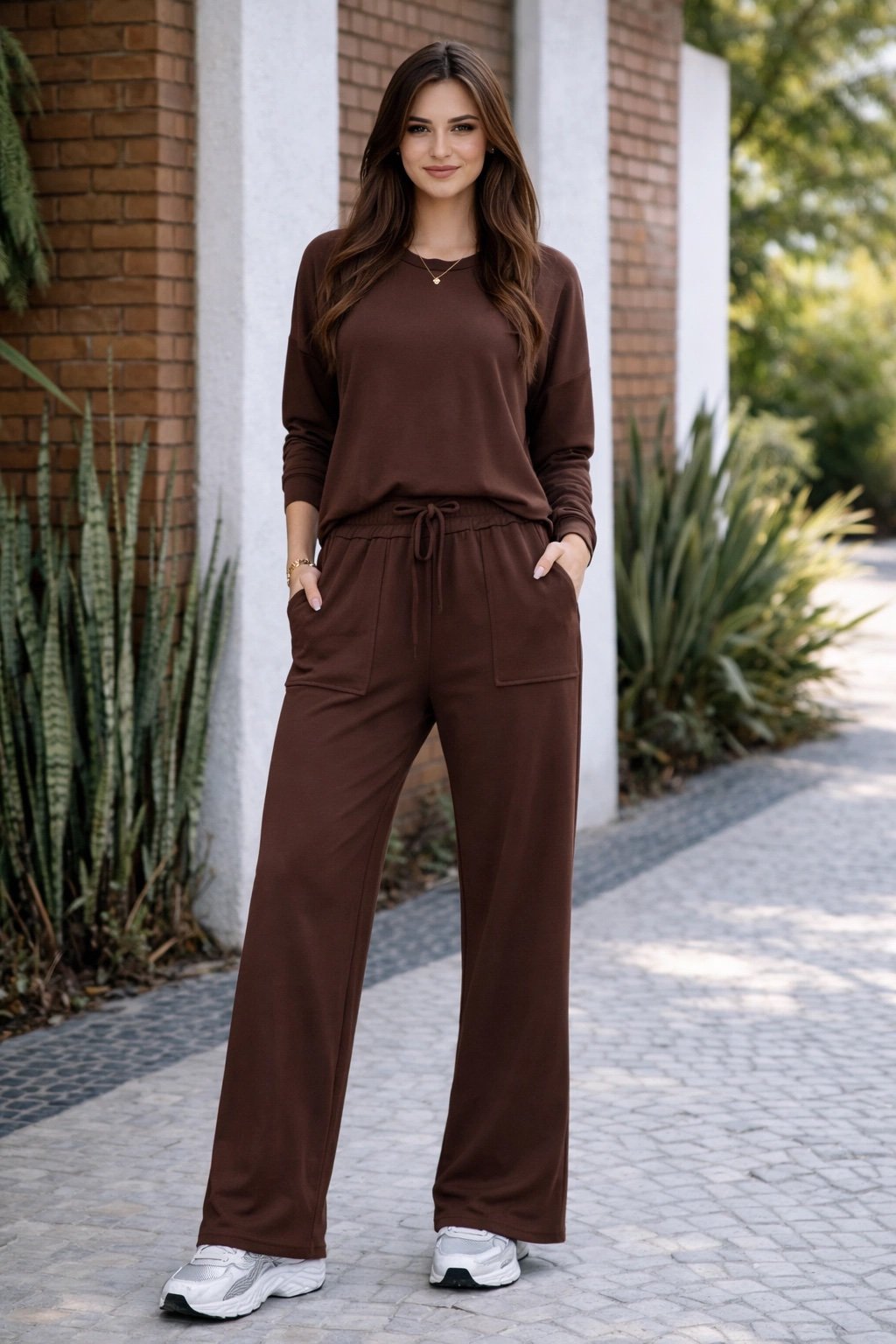 2508 Conjunto Fabi t-shirt manga longa e calça wide leg pantalona moletom