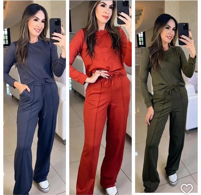 2508 Conjunto Fabi t-shirt manga longa e calça wide leg pantalona moletom - Imagem 3
