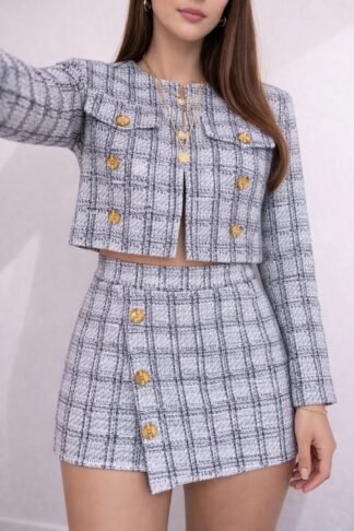2207 Conjunto jaqueta estilo blazer e shorts saia tweed