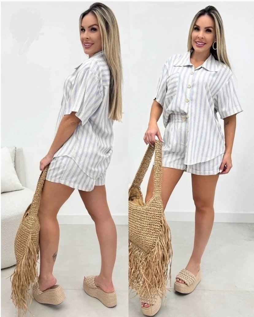 2859 Conjunto Eveli camisa manga curta e shorts elástico linhão - Imagem 2