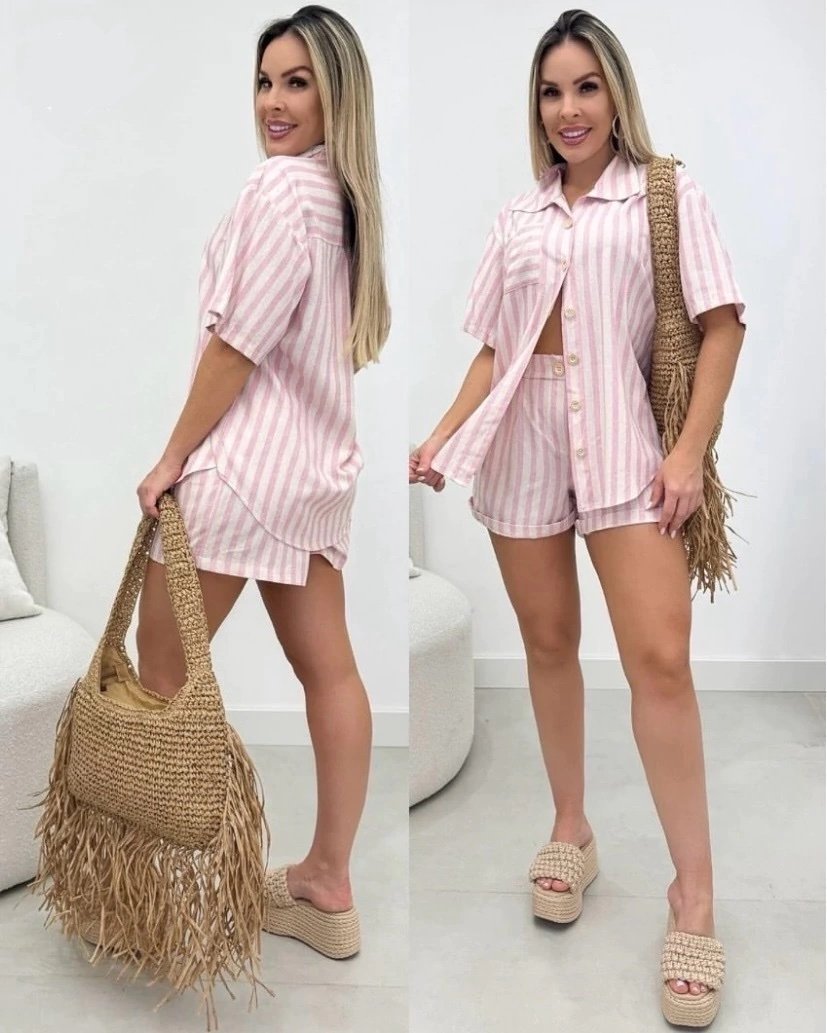2859 Conjunto Eveli camisa manga curta e shorts elástico linhão - Imagem 3
