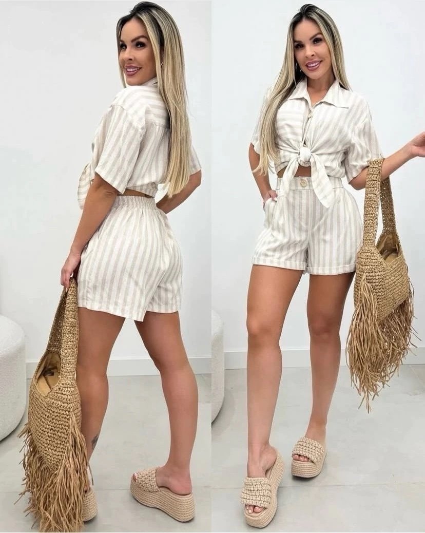 2859 Conjunto Eveli camisa manga curta e shorts elástico linhão - Imagem 4