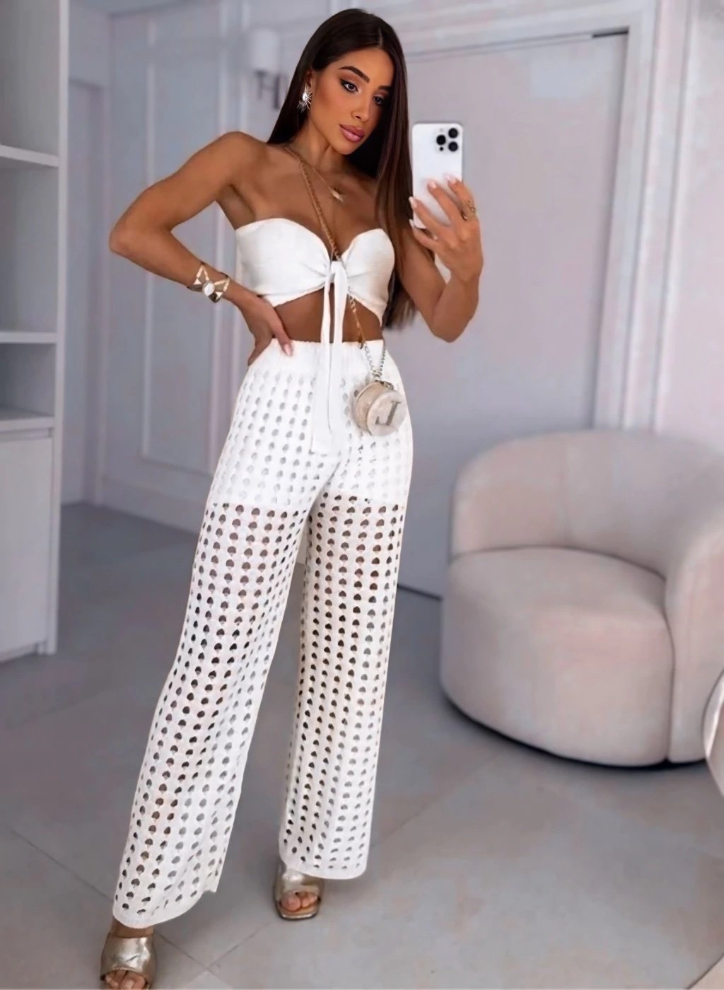 2677 Conjunto Japa 3 peças cropped shorts e calça tricô