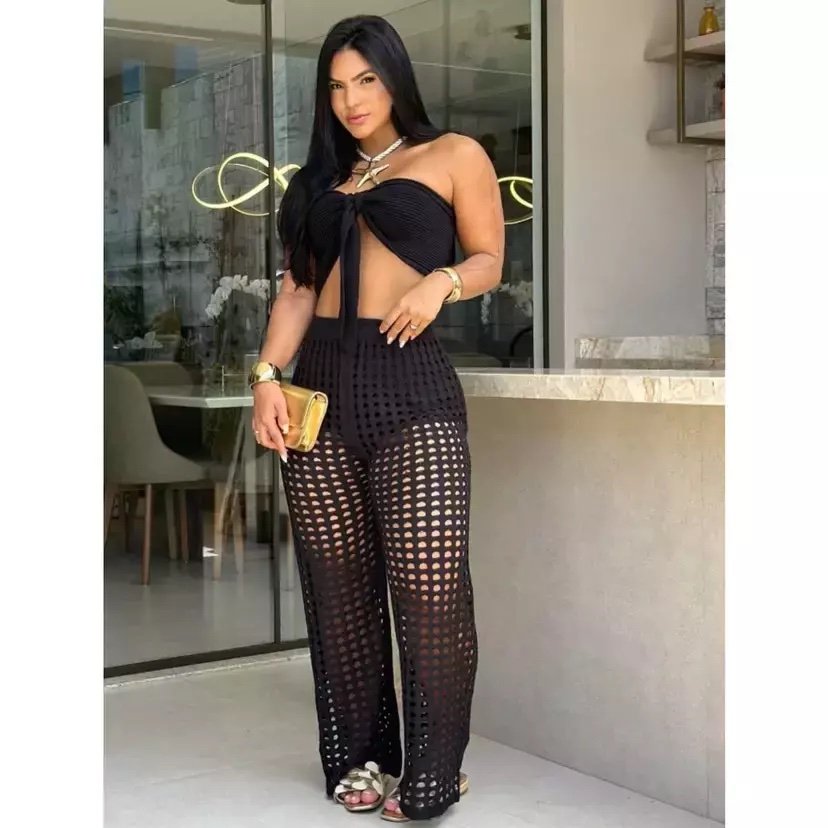2677 Conjunto Japa 3 peças cropped shorts e calça tricô - Imagem 4