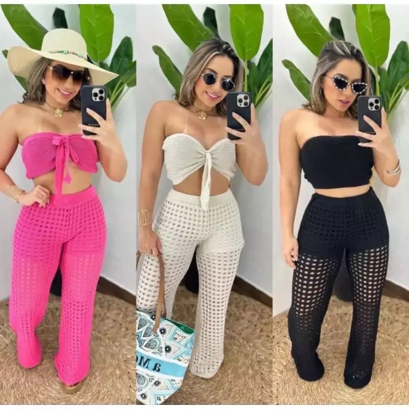 2677 Conjunto Japa 3 peças cropped shorts e calça tricô - Imagem 5