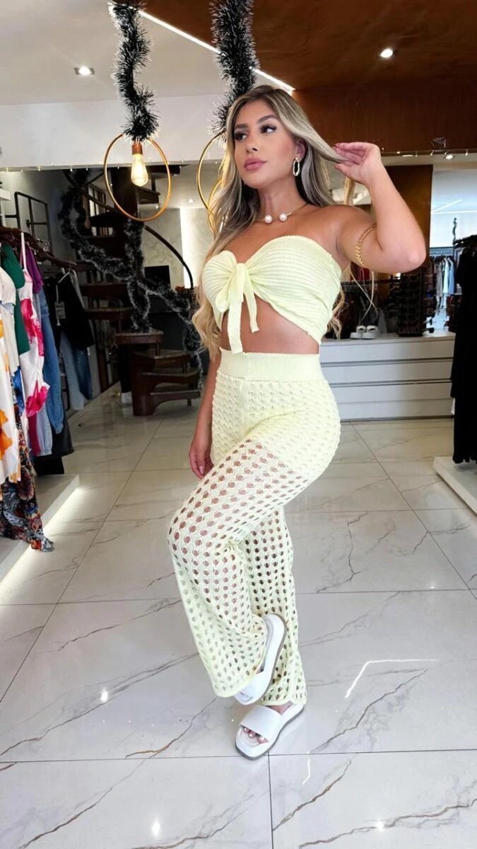 2677 Conjunto Japa 3 peças cropped shorts e calça tricô - Imagem 8