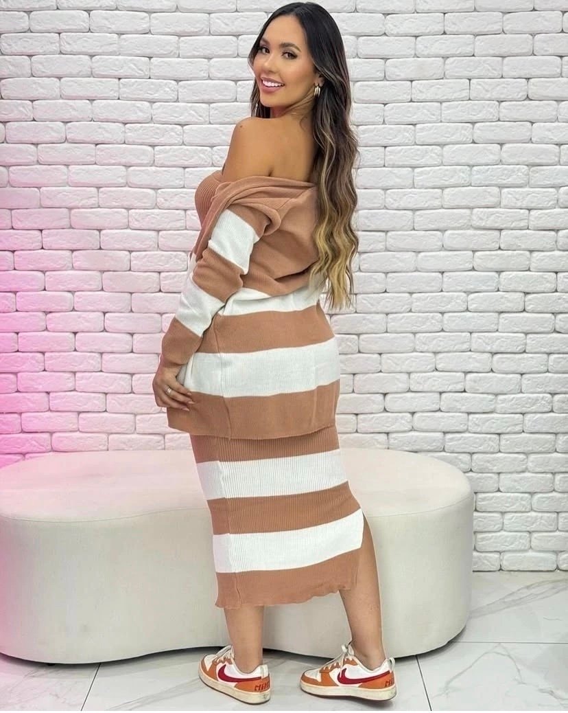 2503 Conjunto Paula max cardigan e vestido tomara que caia midi tricô - Imagem 4