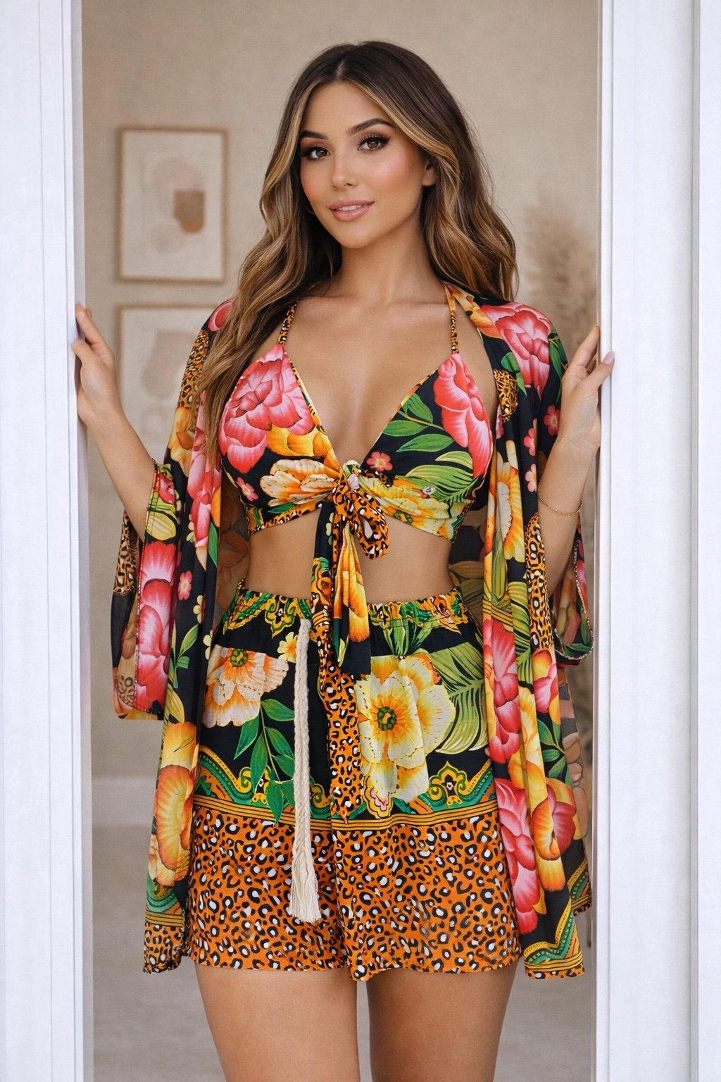 722 Conjunto trio kimono manga 3/4 cropped e shorts estampado floral tropical estilo Farm