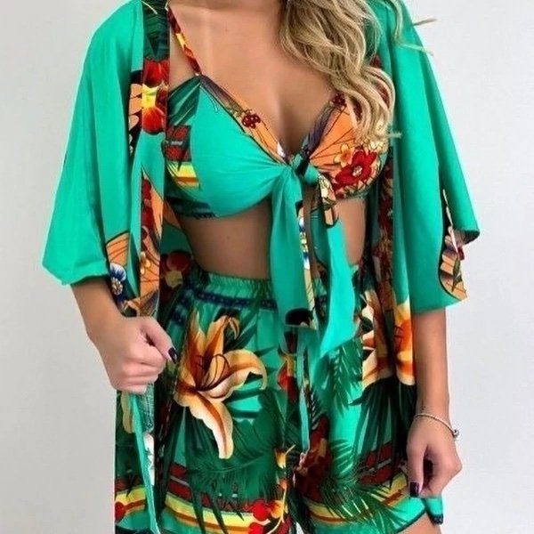 722 Conjunto trio kimono manga 3/4 cropped e shorts estampado floral tropical estilo Farm - Imagem 2