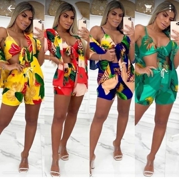 722 Conjunto trio kimono manga 3/4 cropped e shorts estampado floral tropical estilo Farm - Imagem 3