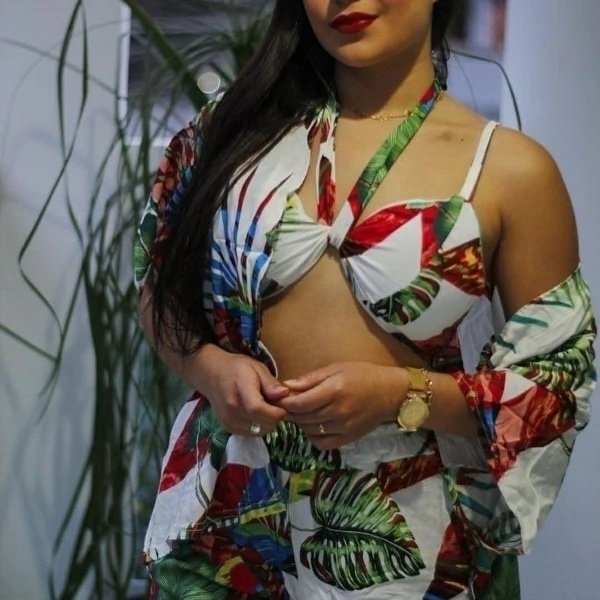 722 Conjunto trio kimono manga 3/4 cropped e shorts estampado floral tropical estilo Farm - Imagem 4