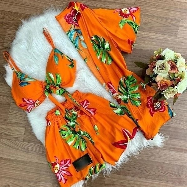 722 Conjunto trio kimono manga 3/4 cropped e shorts estampado floral tropical estilo Farm - Imagem 5