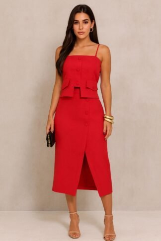 2883 Conjunto Rip cropped regata alça fina e saia midi fenda botão encapado alfaiataria