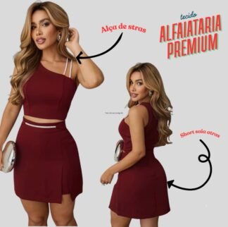 2919 Conjunto More cropped alça strass e shorts saia alfaiataria