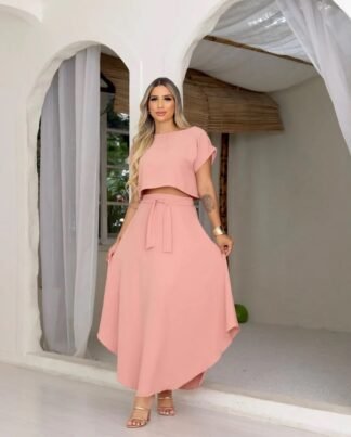 837 Conjunto Migue cropped manga curta e saia midi cinto faixa