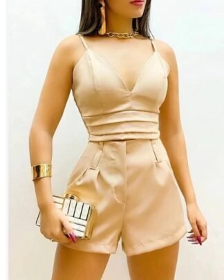 2518 Conjunto Marcela estilo Zara cropped alça fina decote V e shorts