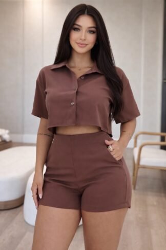 2937 Conjunto Maria cropped camisa e shorts estilo zara alfaiataria
