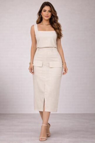 2377 Conjunto Maria blusa regata e saia midi fenda linhão