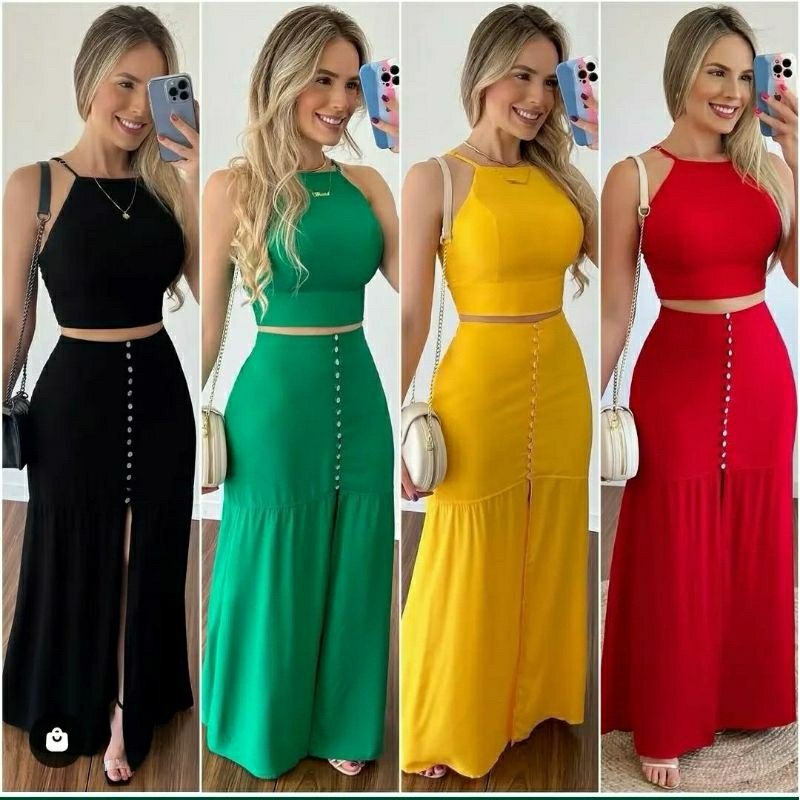 1938 Conjunto Luz cropped alça fina e saia longa botão pérolas - Imagem 2