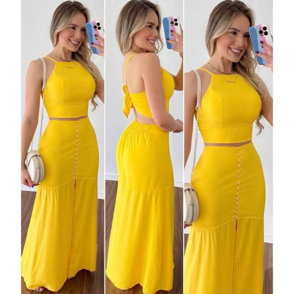 1938 Conjunto Luz cropped alça fina e saia longa botão pérolas - Imagem 3